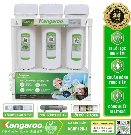 Máy lọc nước Hydrogen ion Kiềm Kangaroo KGHP12K + lõi ASEN + đèn UV - Siêu Lọc 15 Lõi