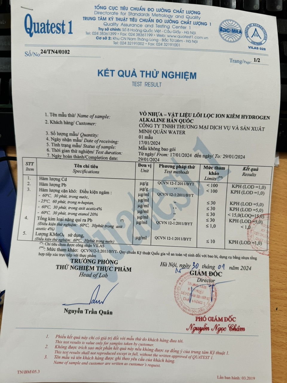 Kết quả kiểm định lõi lọc nước ion kiềm