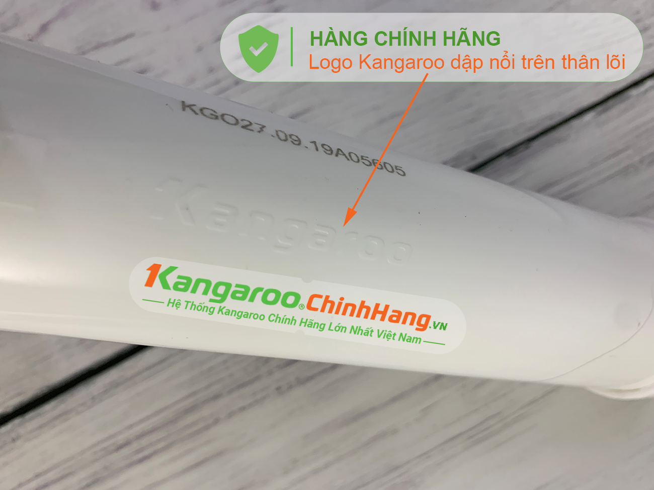 Logo Kanaroo dập nổi trên Lõi lọc nước Kangaroo Hydrogen số 6 OrpH + (HP)