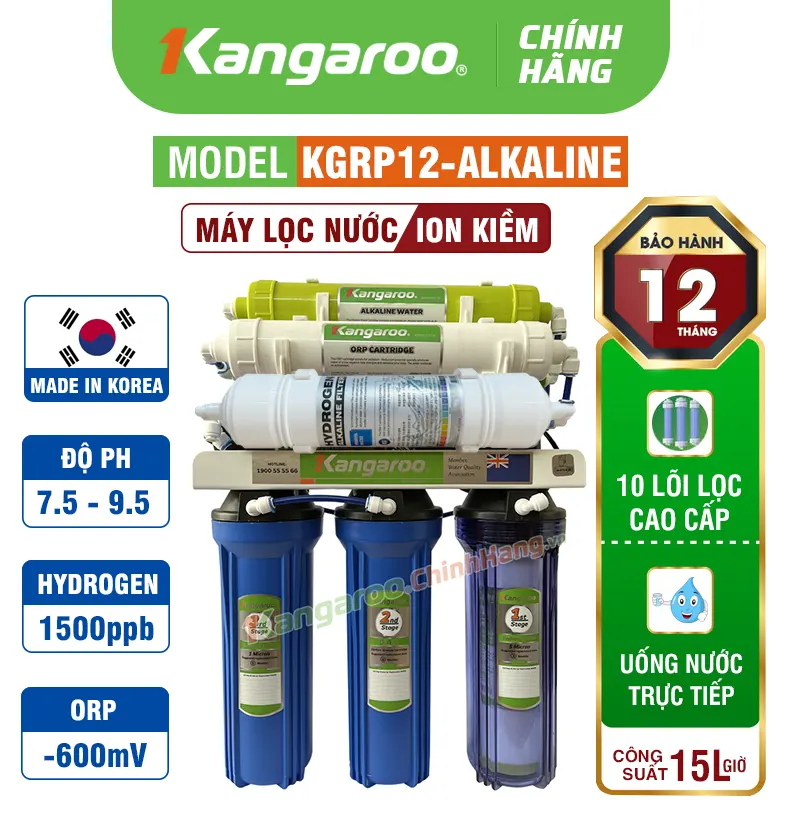 Máy lọc nước Hydrogen ion kiềm Kangaroo KGRP12-ALKALINE 10 Lõi