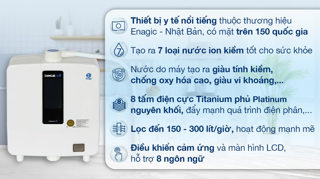 Máy lọc nước ion kiềm Kangen Leveluk K8 tạo ra 7 loại kiềm